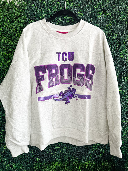 Queen of Sparkles Grey TCU "Horned Frogs" Vintage Sweatshirt