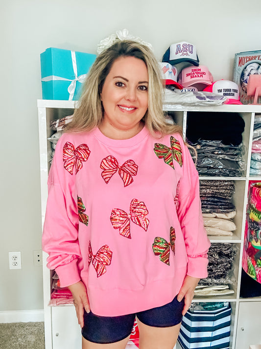 "Underneath the Tree" Pink Sequin Christmas Bow Sweatshirt