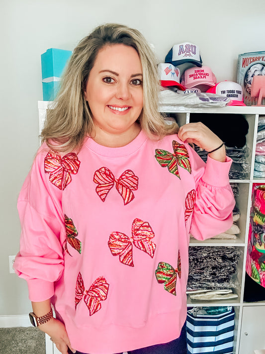 "Underneath the Tree" Pink Sequin Christmas Bow Sweatshirt