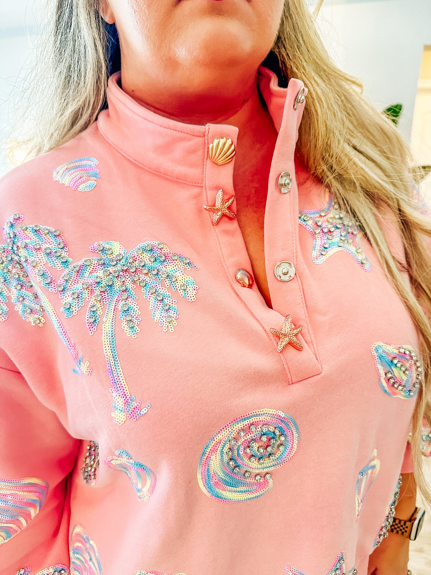 Queen of Sparkles Light Pink Multi Shell Henley Sweatshirt