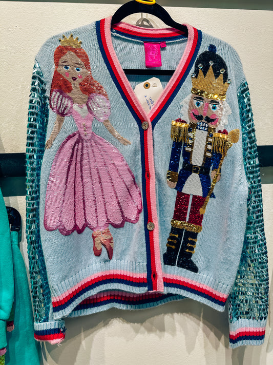 Queen of Sparkles Light Blue Nutcracker And Clara Sequin Sleeve Cardigan