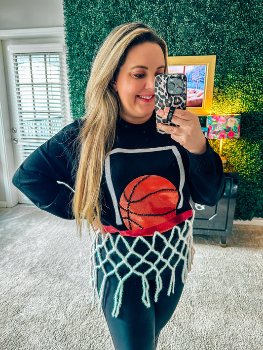 Queen of Sparkles Black Basketball Net Fringe Sweater