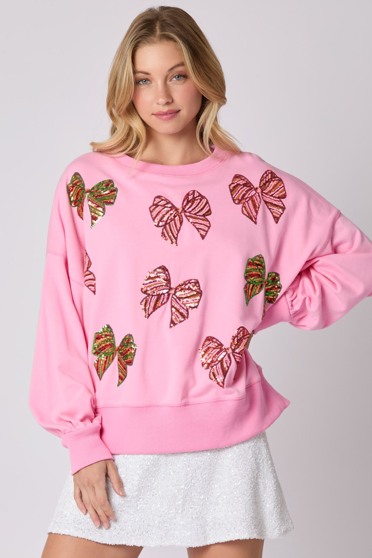 "Underneath the Tree" Pink Sequin Christmas Bow Sweatshirt