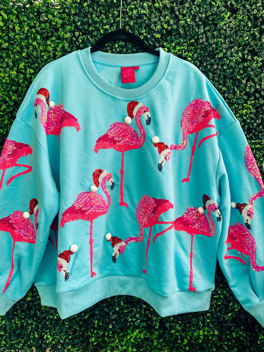 Queen of Sparkles Aqua Flamingo In Santa Hats Sweatshirt