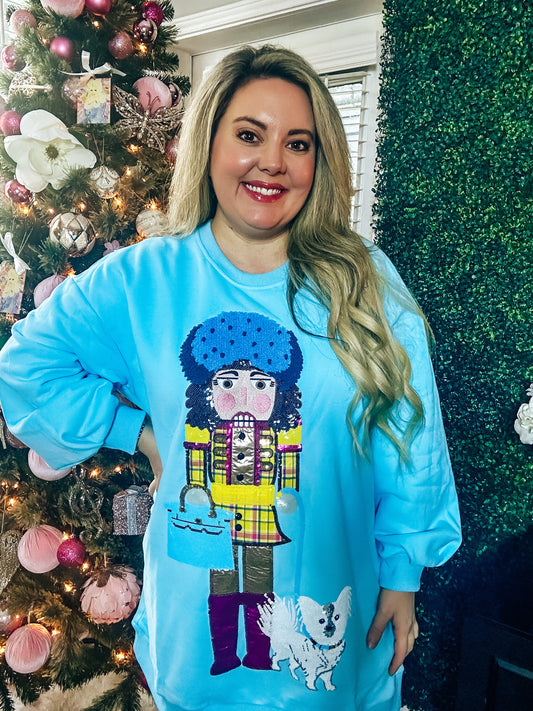 Queen of Sparkles Bright Blue Brunette Haired Lady Nutcracker Sweatshirt Dress